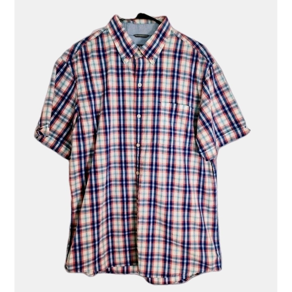IZOD Men's Large Western Modern Fit 100% Cotton Red & Blue Plaid S/S Button Up